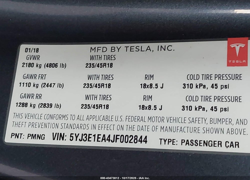 2018 TESLA MODEL 3 VIN: 5YJ3E1EA4JF002844