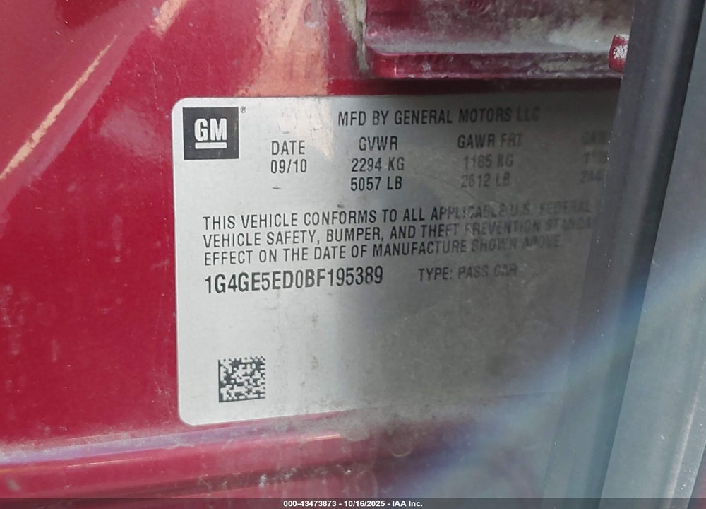 2011 BUICK LACROSSE CXS VIN: 1G4GE5ED0BF195389