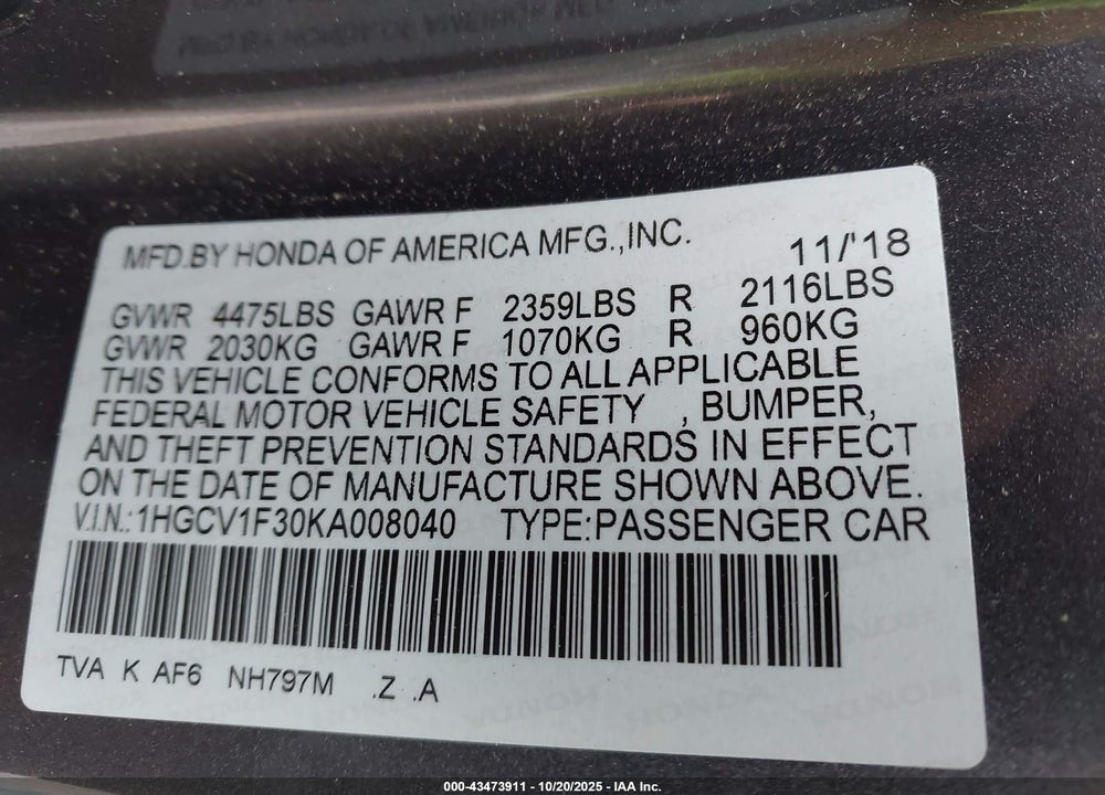 2019 HONDA ACCORD SPORT VIN: 1HGCV1F30KA008040