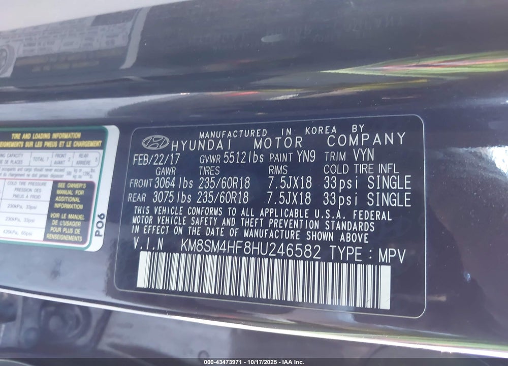 2017 HYUNDAI SANTA FE SE VIN: KM8SM4HF8HU246582