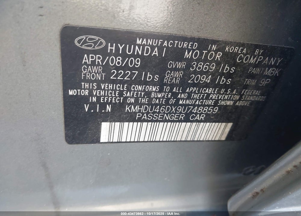 2009 HYUNDAI ELANTRA GLS/SE VIN: KMHDU46DX9U748859