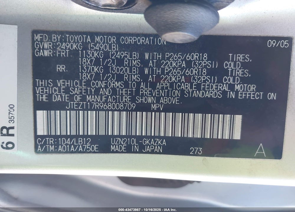 2006 TOYOTA 4RUNNER VIN: JTEZT17R968008709