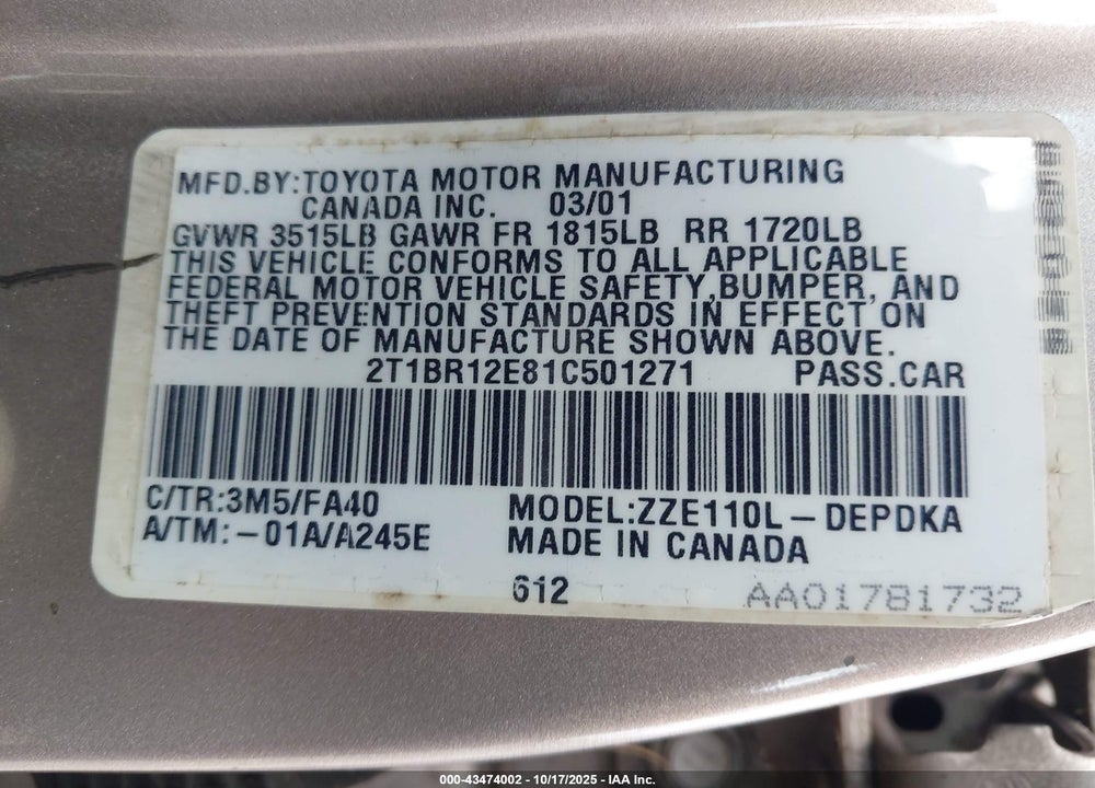 2001 TOYOTA COROLLA LE VIN: 2T1BR12E81C501271