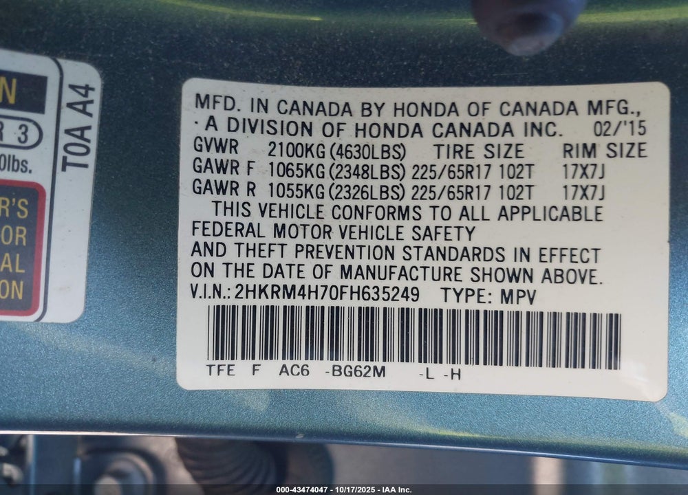 2015 HONDA CR-V VIN: 2HKRM4H70FH635249