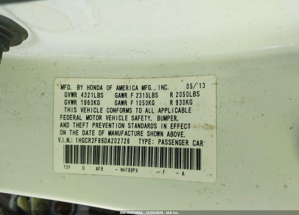2013 HONDA ACCORD VIN: 1HGCR2F86DA202726