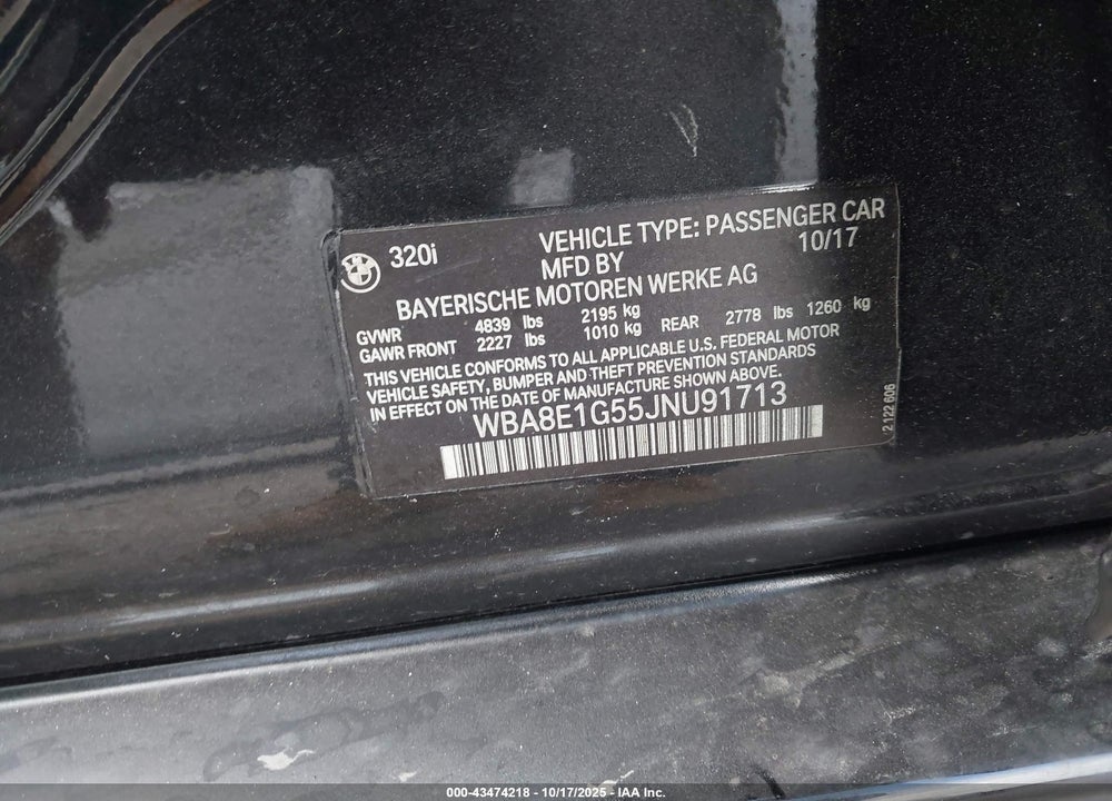 2018 BMW 320I VIN: WBA8E1G55JNU91713