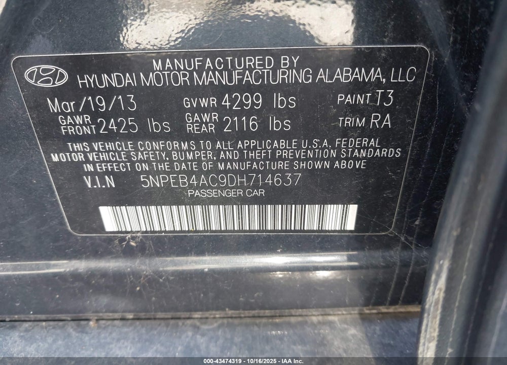 2013 HYUNDAI SONATA GLS VIN: 5NPEB4AC9DH714637