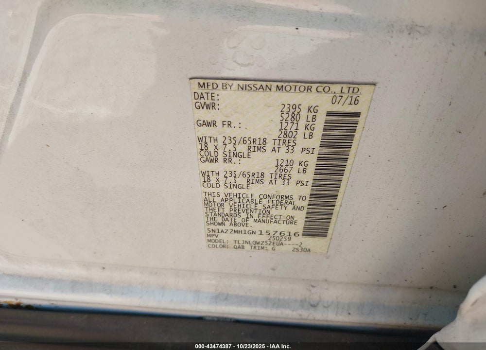 2016 NISSAN MURANO SV VIN: 5N1AZ2MH1GN157616
