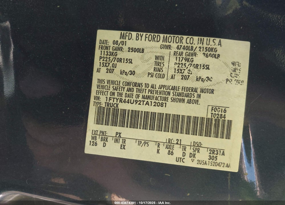 2002 FORD RANGER EDGE/TREMOR/XLT VIN: 1FTYR44U92TA12081