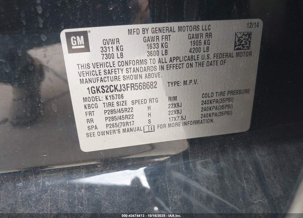 2015 GMC YUKON DENALI VIN: 1GKS2CKJ3FR568682