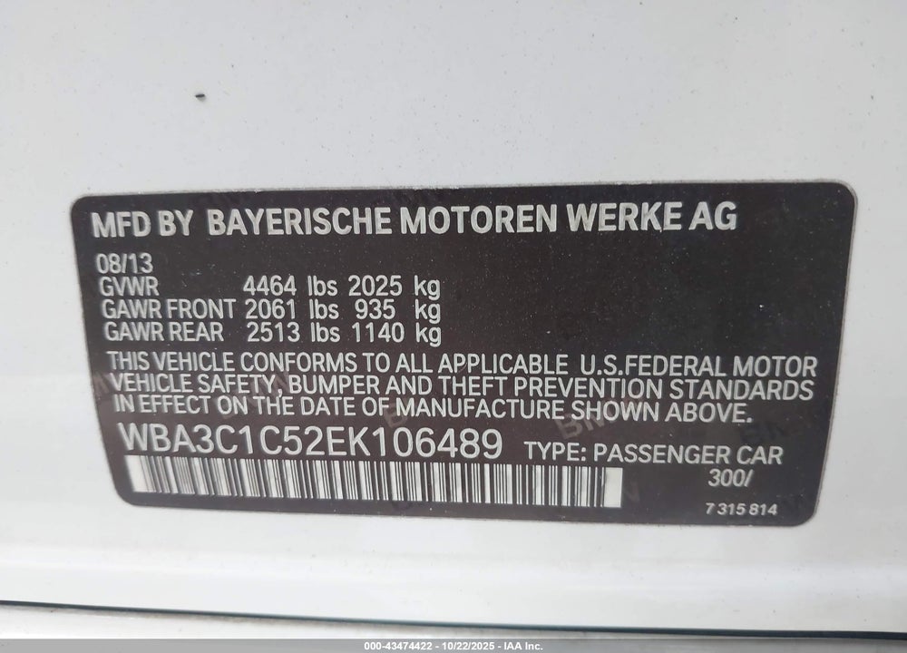 2014 BMW 328I VIN: WBA3C1C52EK106489