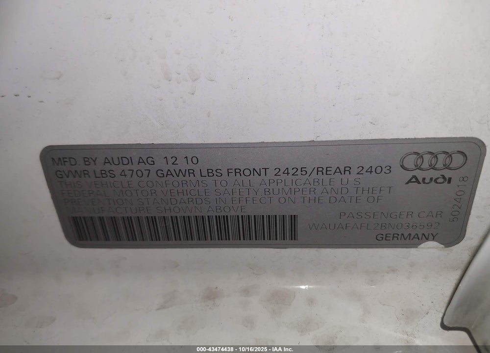 2011 AUDI A4 VIN: WAUAFAFL2BN036592