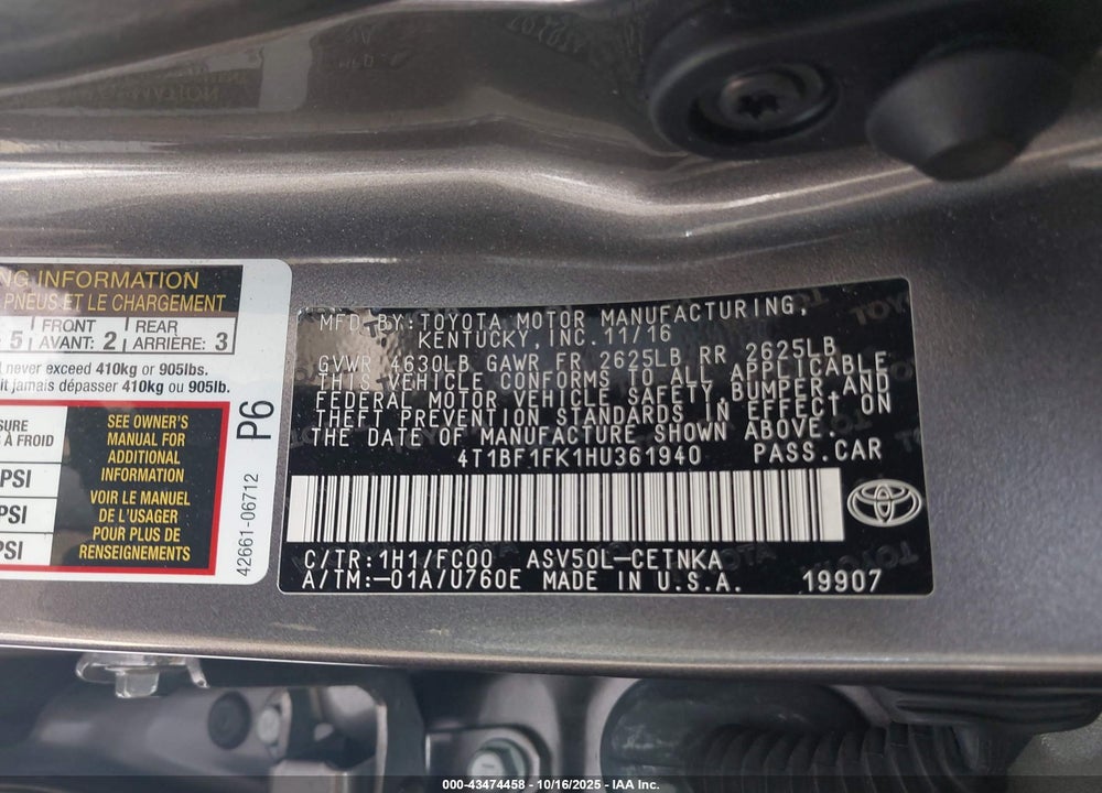 2017 TOYOTA CAMRY VIN: 4T1BF1FK1HU361940