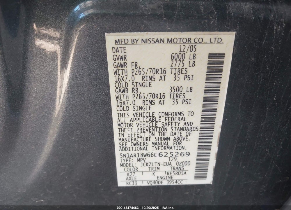2006 NISSAN PATHFINDER SE VIN: 5N1AR18W66C625269
