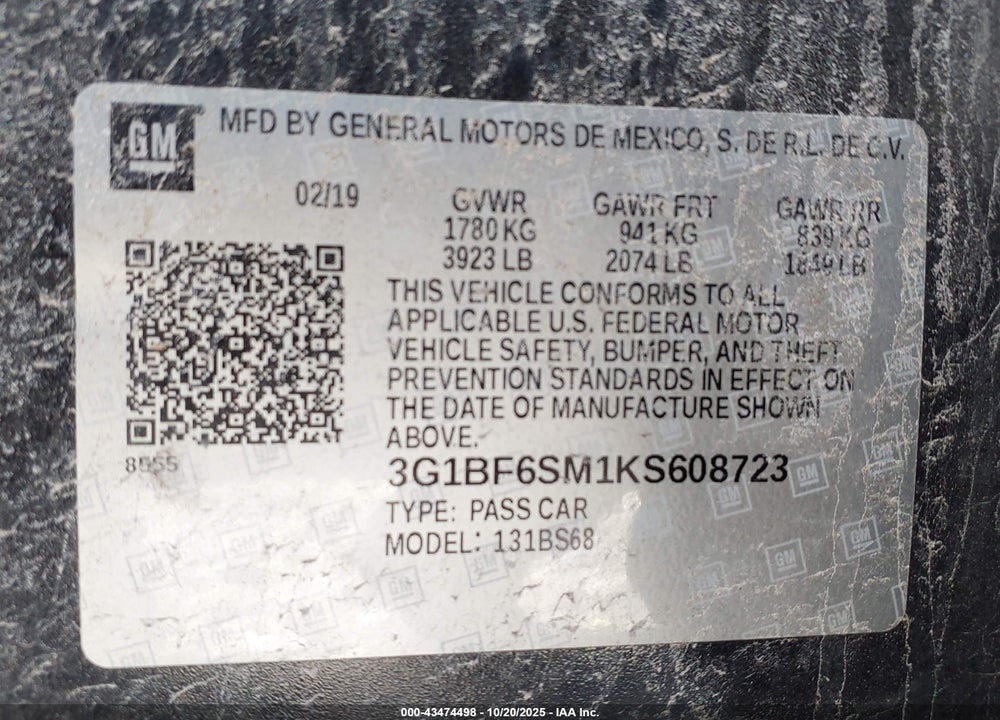 2019 CHEVROLET CRUZE PREMIER VIN: 3G1BF6SM1KS608723