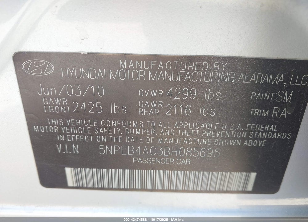 2011 HYUNDAI SONATA GLS VIN: 5NPEB4AC3BH085695
