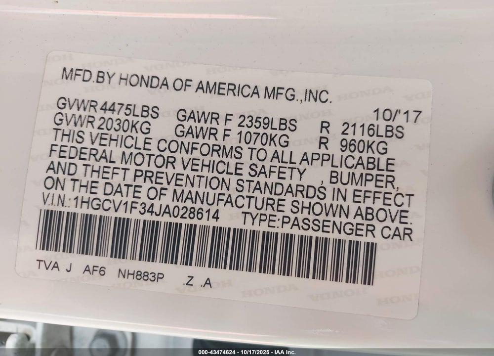 2018 HONDA ACCORD SPORT VIN: 1HGCV1F34JA028614
