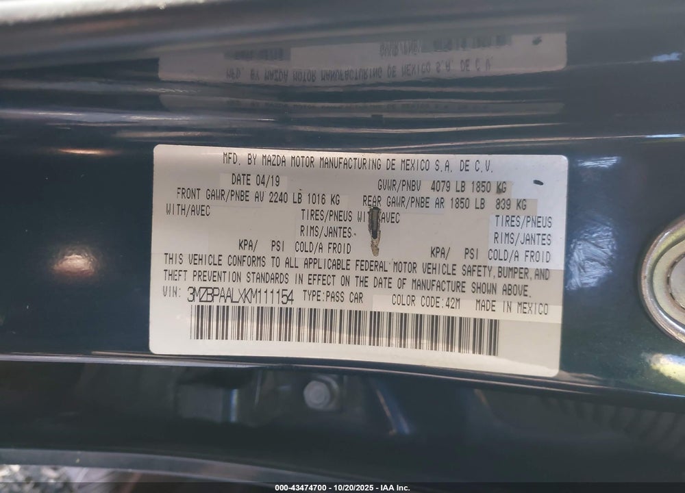 2019 MAZDA 3 SELECT PACKAGE VIN: 3MZBPAALXKM111154