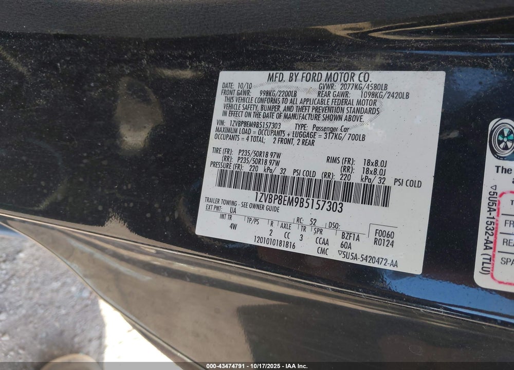2011 FORD MUSTANG V6 PREMIUM VIN: 1ZVBP8EM9B5157303