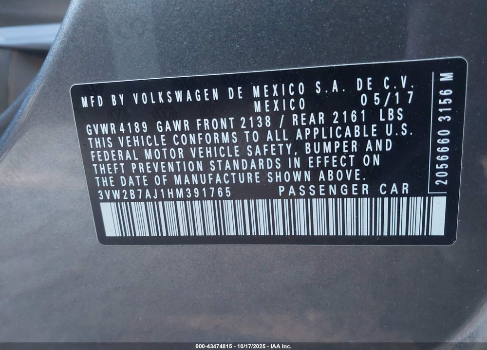 2017 VOLKSWAGEN JETTA 1.4T S VIN: 3VW2B7AJ1HM391765
