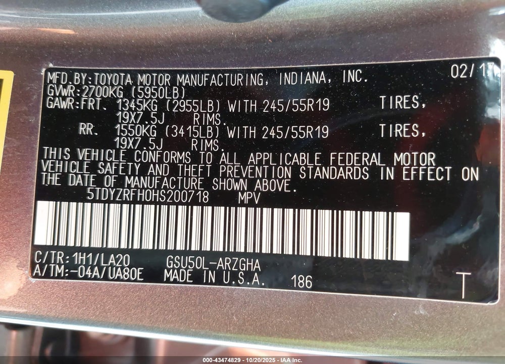 2017 TOYOTA HIGHLANDER LIMITED/PLATINUM VIN: 5TDYZRFH0HS200718