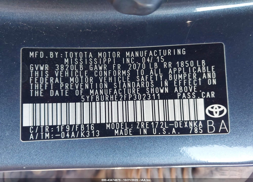 2015 TOYOTA COROLLA LE VIN: 5YFBURHE2FP302311