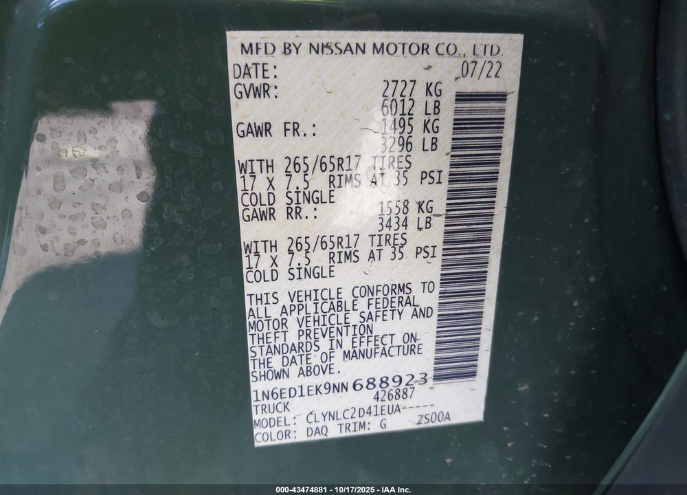 2022 NISSAN FRONTIER SV 4X4 VIN: 1N6ED1EK9NN688923