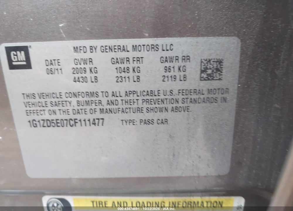 2012 CHEVROLET MALIBU VIN: 1G1ZD5E07CF111477