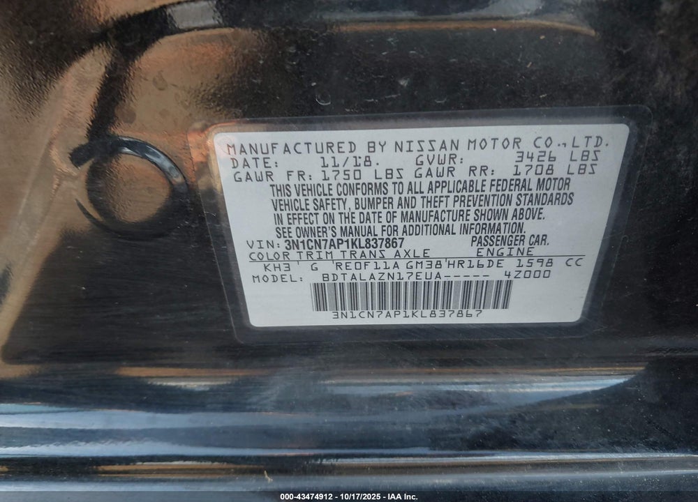 2019 NISSAN VERSA VIN: 3N1CN7AP1KL837867