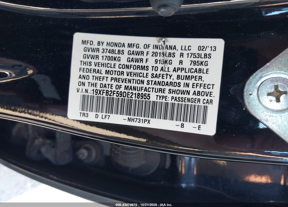 2013 HONDA CIVIC LX VIN: 19XFB2F59DE218955