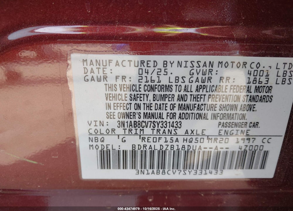 2025 NISSAN SENTRA VIN: 3N1AB8CV7SY331433