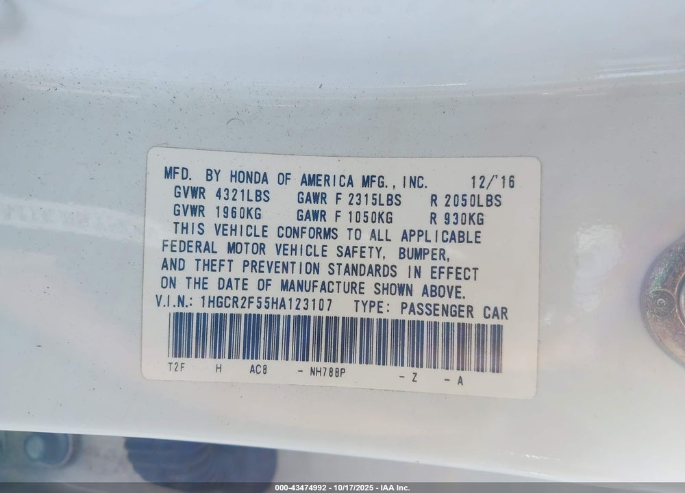 2017 HONDA ACCORD SPORT VIN: 1HGCR2F55HA123107