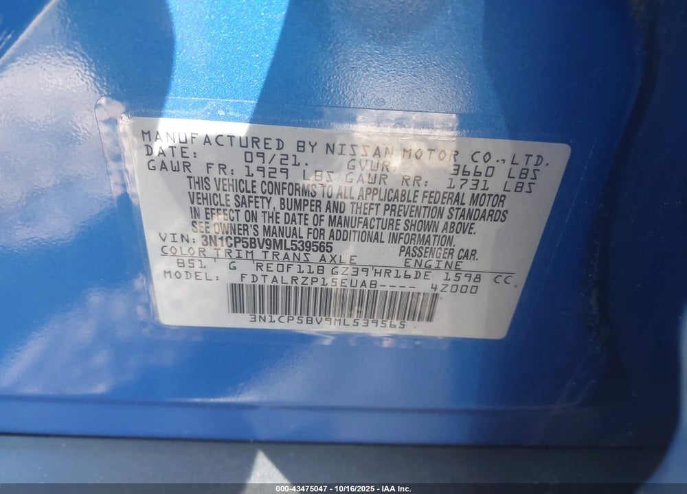 2021 NISSAN KICKS S XTRONIC CVT VIN: 3N1CP5BV9ML539565