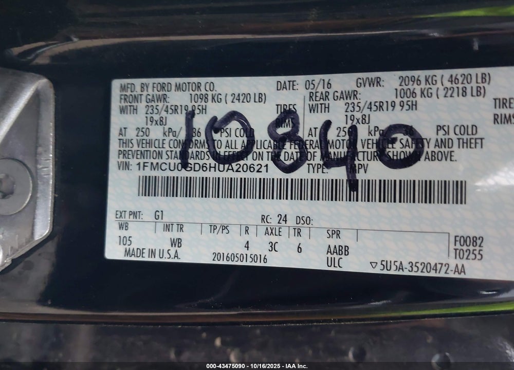 2017 FORD ESCAPE VIN: 1FMCU0GD6HUA20621