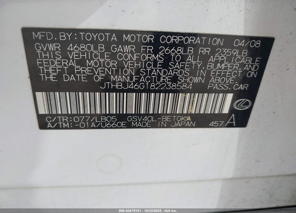 2008 LEXUS ES 350 VIN: JTHBJ46G182238584