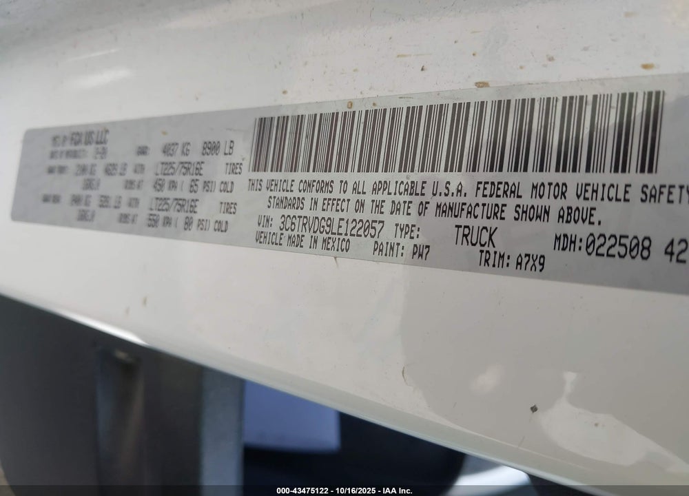2020 RAM PROMASTER 2500 HIGH ROOF 159 WB VIN: 3C6TRVDG9LE122057