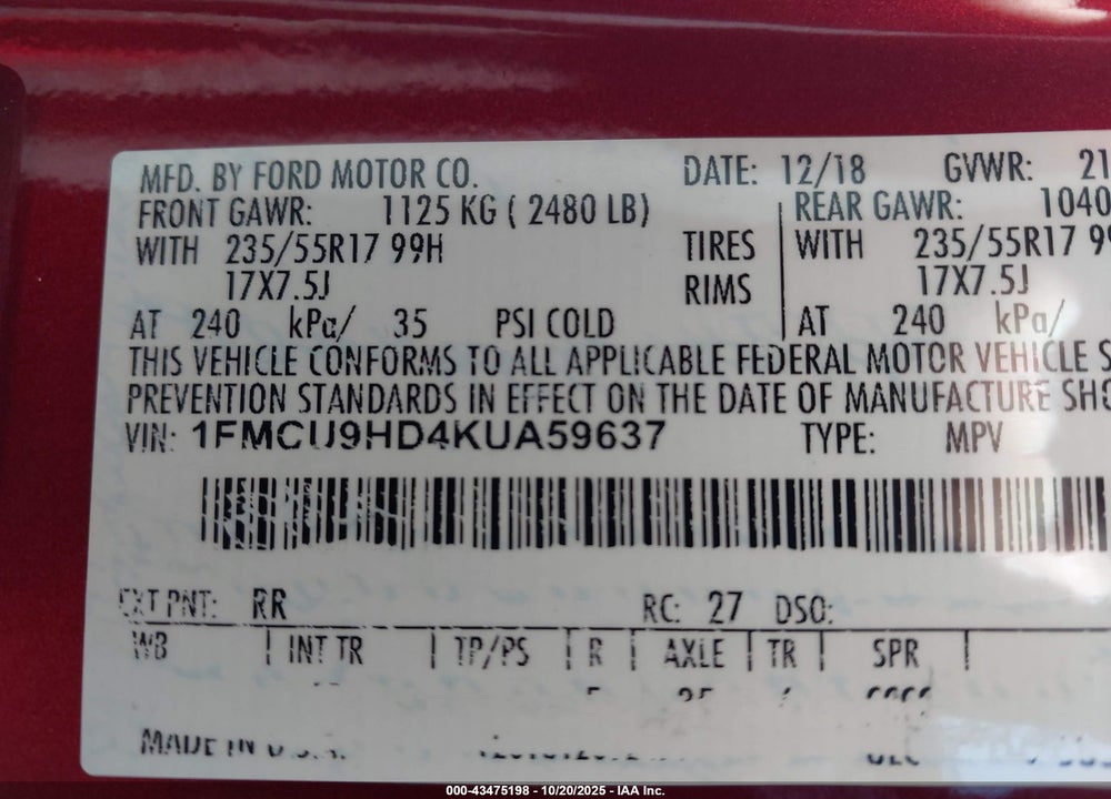2019 FORD ESCAPE VIN: 1FMCU9HD4KUA59637