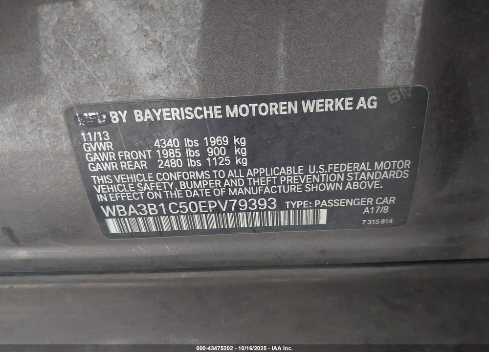 2014 BMW 320I VIN: WBA3B1C50EPV79393