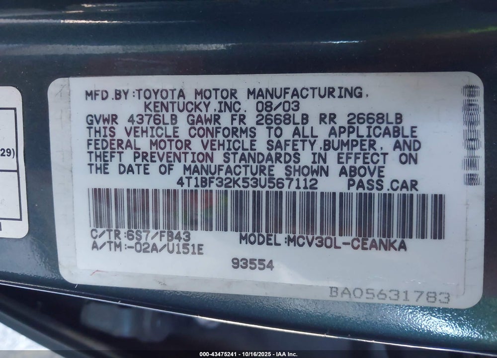 2003 TOYOTA CAMRY LE V6 VIN: 4T1BF32K53U567112