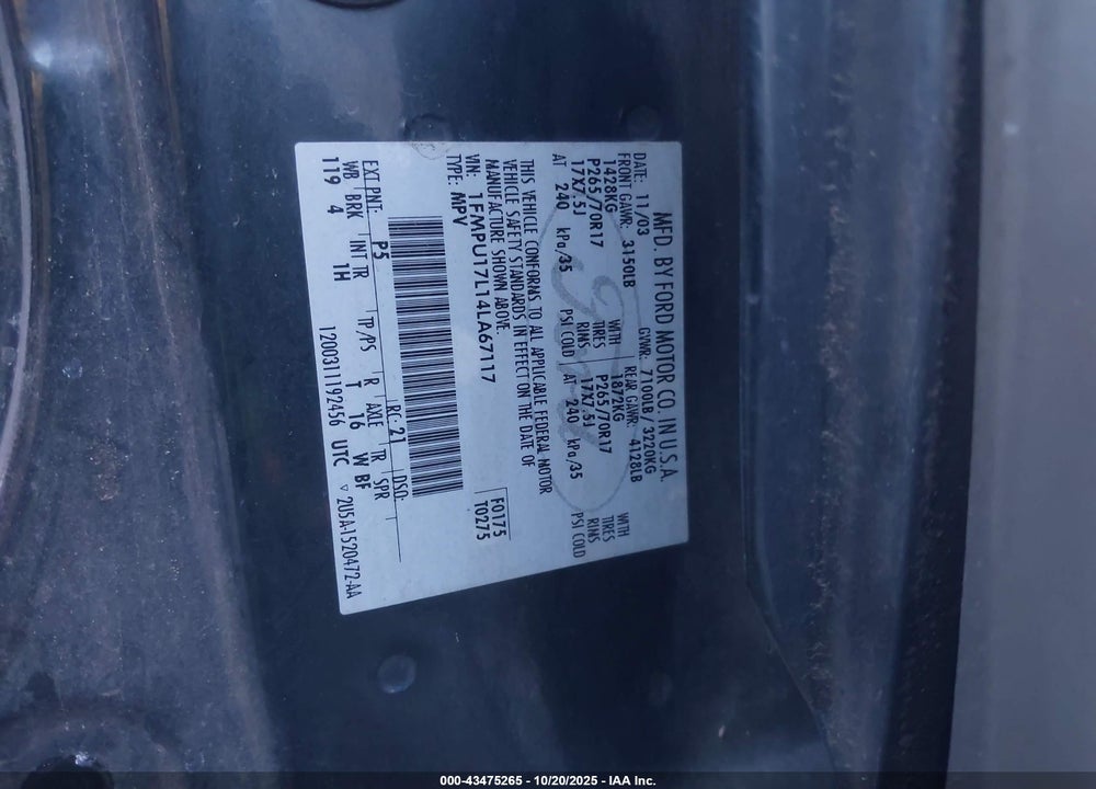 2004 FORD EXPEDITION EDDIE BAUER VIN: 1FMPU17L14LA67117