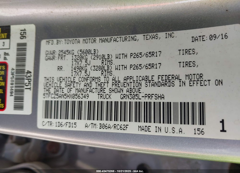 2017 TOYOTA TACOMA TRD SPORT VIN: 5TFCZ5AN5HX056349