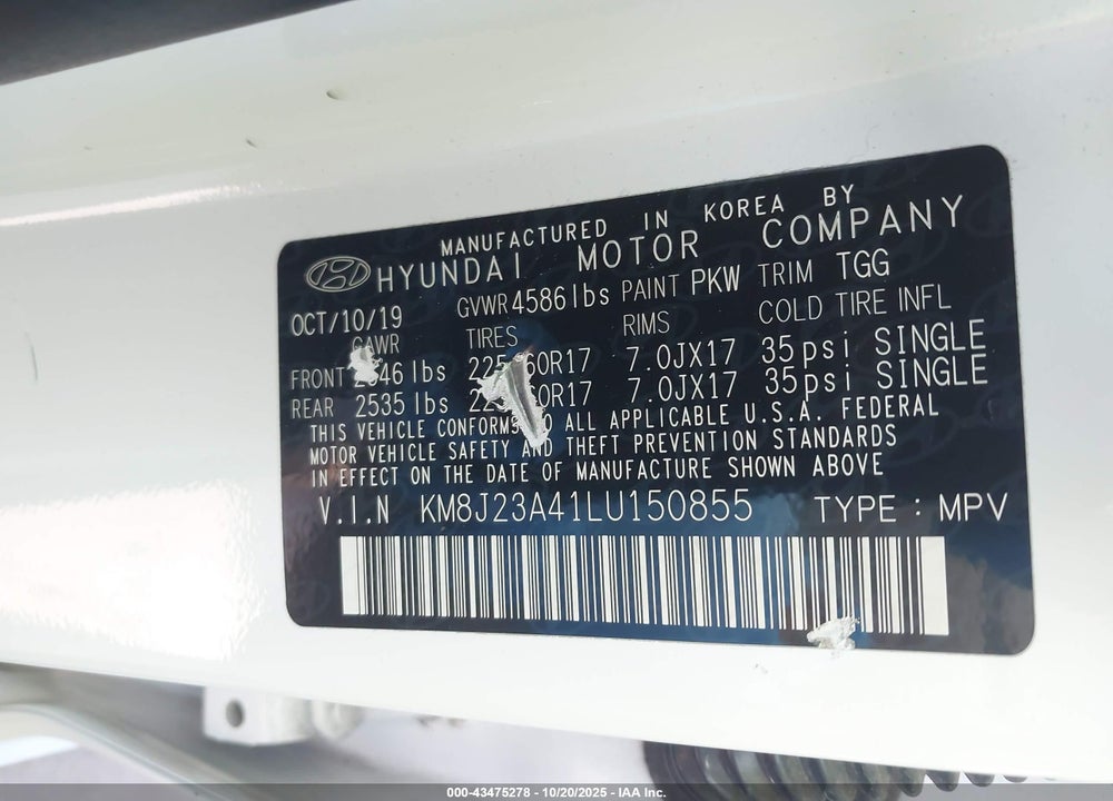 2020 HYUNDAI TUCSON SE VIN: KM8J23A41LU150855
