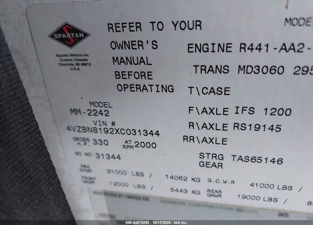 1999 SPARTAN MOTORS MOTORHOME VIN: 4VZBN8192XC031344