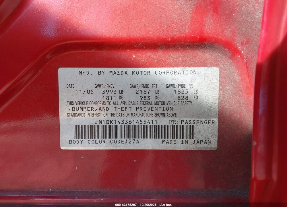 2006 MAZDA 3 VIN: JM1BK143361455411