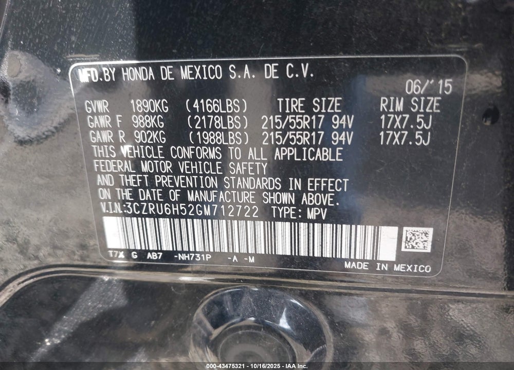 2016 HONDA HR-V EX VIN: 3CZRU6H52GM712722