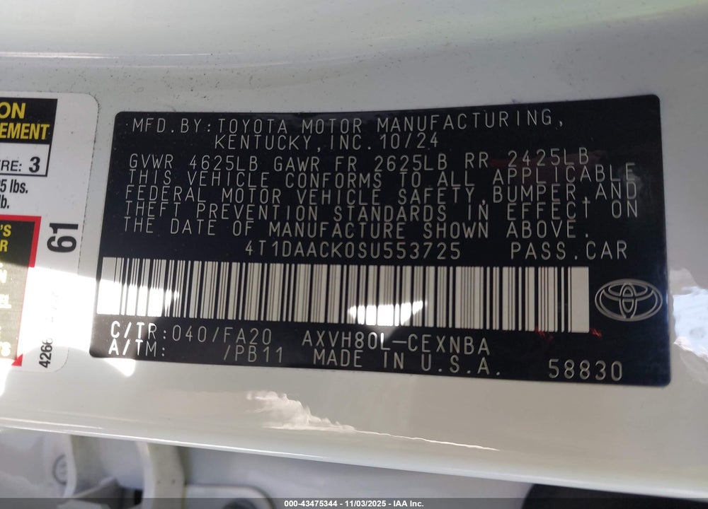 2025 TOYOTA CAMRY LE VIN: 4T1DAACK0SU553725