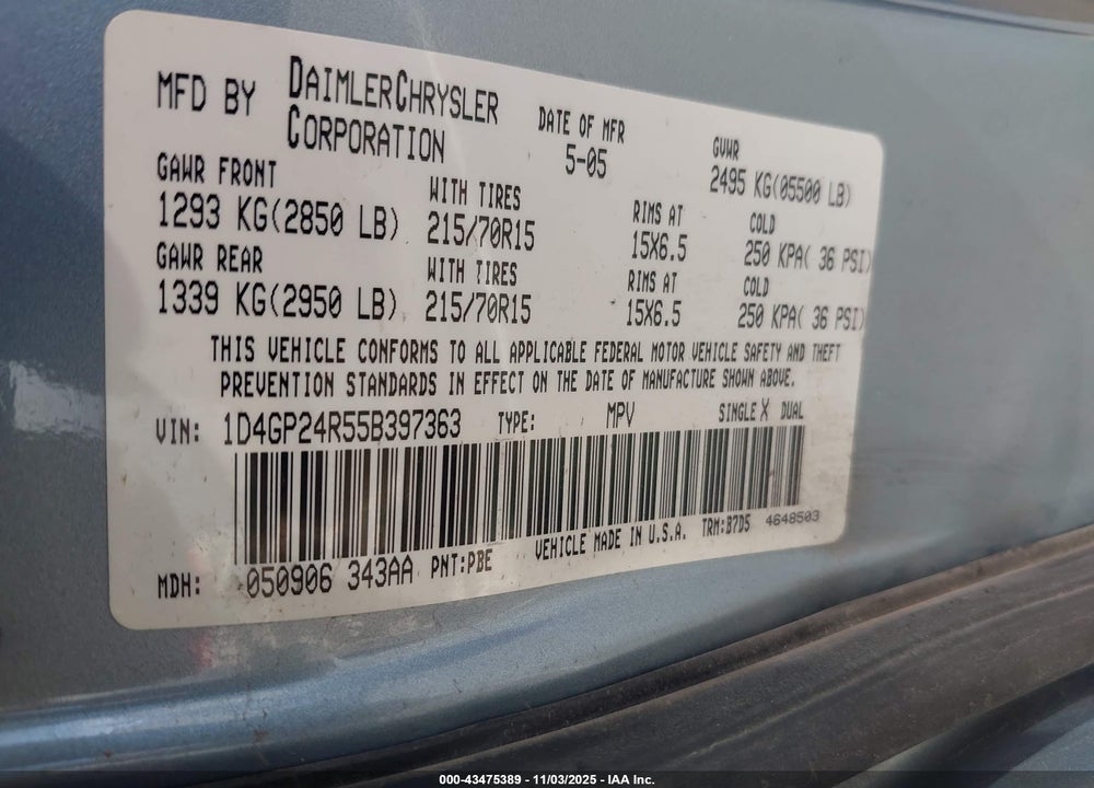 2005 DODGE GRAND CARAVAN SE VIN: 1D4GP24R55B397363
