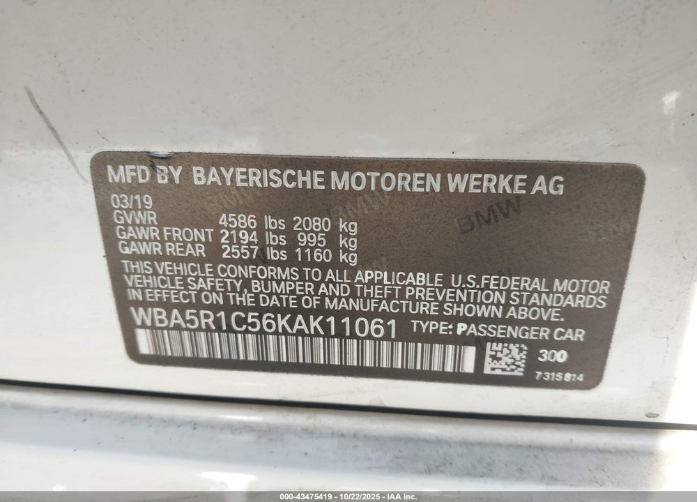 2019 BMW 330I VIN: WBA5R1C56KAK11061