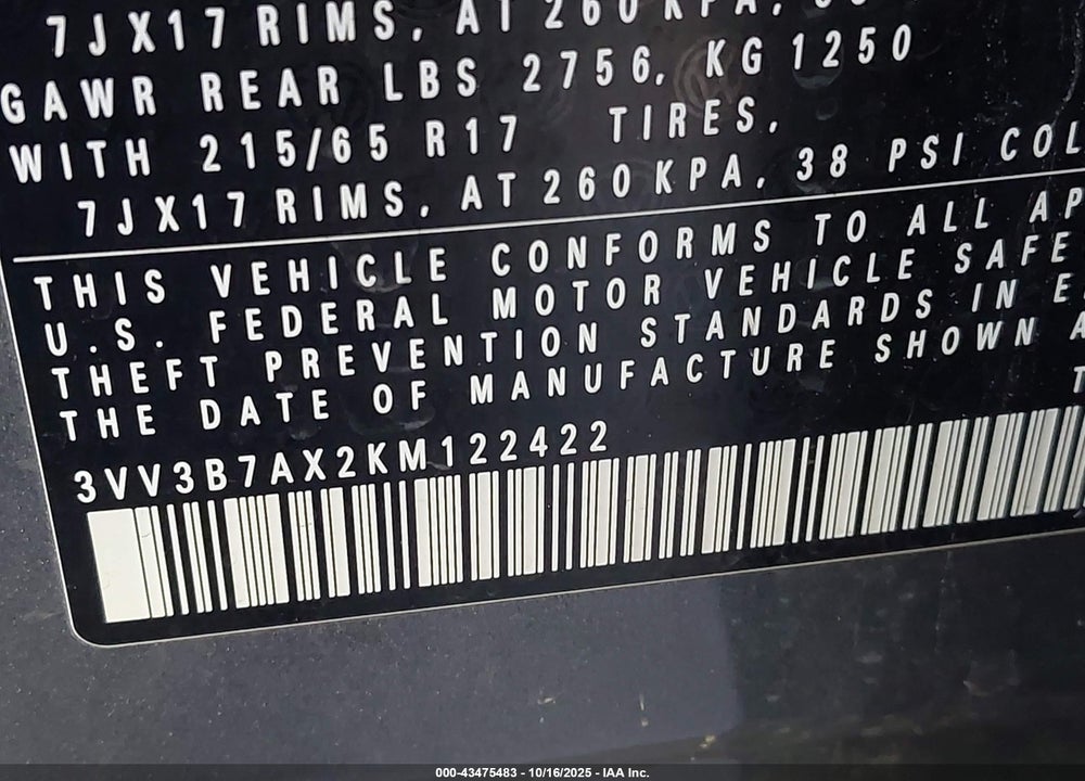 2019 VOLKSWAGEN TIGUAN 2.0T SE/2.0T SEL/2.0T SEL R-LINE/2.0T SEL R-LINE BLACK VIN: 3VV3B7AX2KM122422
