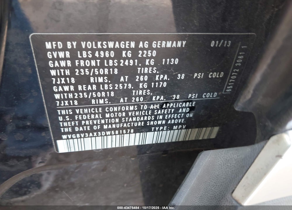 2013 VOLKSWAGEN TIGUAN SE VIN: WVGBV3AX3DW581578